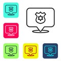 Black line Police badge icon isolated on white background. Sheriff badge sign. Set icons in color square buttons. Vector Royalty Free Stock Photo