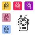 Black line Police body camera icon isolated on white background. Set icons in color square buttons. Vector