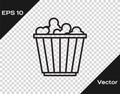 Black line Popcorn in cardboard box icon isolated on transparent background. Popcorn bucket box. Vector