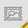 Black line Postal stamp icon isolated on transparent background. Vector