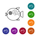 Black line Puffer fish icon isolated on white background. Fugu fish japanese puffer fish. Set icons in color circle Royalty Free Stock Photo