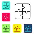 Black line Puzzle pieces toy icon isolated on white background. Set icons in color square buttons. Vector Royalty Free Stock Photo