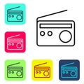 Black line Radio with antenna icon isolated on white background. Set icons in color square buttons. Vector Royalty Free Stock Photo