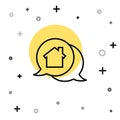 Black line Real estate message house in speech bubble icon isolated on white background. Random dynamic shapes. Vector