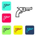 Black line Revolver gun icon isolated on white background. Set icons in color square buttons. Vector Royalty Free Stock Photo