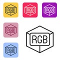 Black line RGB and CMYK color mixing icon isolated on white background. Set icons in color square buttons. Vector Royalty Free Stock Photo