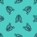 Black line Robot icon isolated seamless pattern on green background. Vector Royalty Free Stock Photo