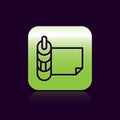 Black line Roll of paper icon isolated on black background. Green square button. Vector