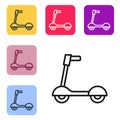 Black line Roller scooter for children icon isolated on white background. Kick scooter or balance bike. Set icons in Royalty Free Stock Photo