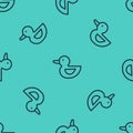 Black line Rubber duck icon isolated seamless pattern on green background. Vector Royalty Free Stock Photo