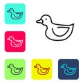 Black line Rubber duck icon isolated on white background. Set icons in color square buttons. Vector Royalty Free Stock Photo