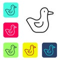 Black line Rubber duck icon isolated on white background. Set icons in color square buttons. Vector Royalty Free Stock Photo