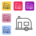 Black line Rv Camping trailer icon isolated on white background. Travel mobile home, caravan, home camper for travel Royalty Free Stock Photo