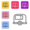 Black line Rv Camping trailer icon isolated on white background. Travel mobile home, caravan, home camper for travel. Set icons in Royalty Free Stock Photo