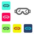 Black line Safety goggle glasses icon isolated on white background. Set icons in color square buttons. Vector Royalty Free Stock Photo