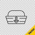 Black line Sailor hat icon isolated on transparent background. Vector