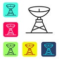 Black line Satellite dish icon isolated on white background. Radio antenna, astronomy and space research. Set icons in Royalty Free Stock Photo