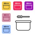 Black line Sauna bucket and ladle icon isolated on white background. Set icons in color square buttons. Vector Royalty Free Stock Photo