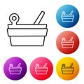 Black line Sauna bucket and ladle icon isolated on white background. Set icons colorful circle buttons. Vector Royalty Free Stock Photo