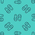 Black line Sauna slippers icon isolated seamless pattern on green background. Vector