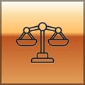 Black line Scales of justice icon isolated on gold background. Court of law symbol. Balance scale sign. Vector. Royalty Free Stock Photo
