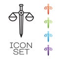 Black line Scales of justice icon isolated on white background. Court of law symbol. Balance scale sign. Set icons