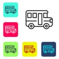 Black line School Bus icon isolated on white background. Public transportation symbol. Set icons in color square buttons Royalty Free Stock Photo