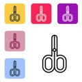 Black line Scissors icon isolated on white background. Cutting tool sign. Set icons in color square buttons. Vector Royalty Free Stock Photo