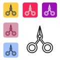 Black line Scissors icon isolated on white background. Cutting tool sign. Set icons in color square buttons. Vector Royalty Free Stock Photo