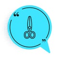 Black line Scissors icon isolated on white background. Tailor symbol. Cutting tool sign. Blue speech bubble symbol Royalty Free Stock Photo