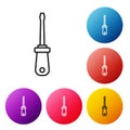 Black line Screwdriver icon isolated on white background. Service tool symbol. Set icons colorful circle buttons. Vector Royalty Free Stock Photo