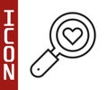Black line Search heart and love icon isolated on white background. Magnifying glass with heart inside. Vector Royalty Free Stock Photo
