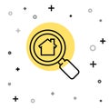 Black line Search house icon isolated on white background. Real estate symbol of a house under magnifying glass. Random