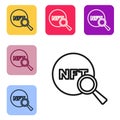 Black line Search NFT icon isolated on white background. Non fungible token. Digital crypto art concept. Set icons in
