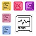 Black line Seismograph icon isolated on white background. Earthquake analog seismograph. Set icons in color square