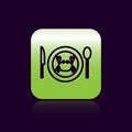 Black line Served crab on a plate icon isolated on black background. Green square button. Vector.