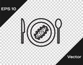 Black line Served cucumber on a plate icon isolated on transparent background. Marine food. Vector.