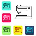 Black line Sewing machine icon isolated on white background. Set icons in color square buttons. Vector Illustration Royalty Free Stock Photo