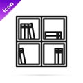 Black line Shelf with books icon isolated on white background. Shelves sign. Vector Royalty Free Stock Photo