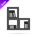 Black line Shelf with books icon isolated on white background. Shelves sign. Vector Royalty Free Stock Photo