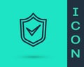 Black line Shield with check mark icon isolated on green background. Security, safety, protection, privacy concept. Tick Royalty Free Stock Photo