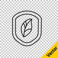 Black line Shield with leaf icon isolated on transparent background. Eco-friendly security shield with leaf. Vector Royalty Free Stock Photo