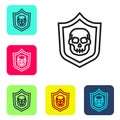 Black line Shield with pirate skull icon isolated on white background. Set icons in color square buttons. Vector Royalty Free Stock Photo