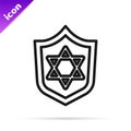 Black line Shield with Star of David icon isolated on white background. Jewish religion symbol. Symbol of Israel. Vector Royalty Free Stock Photo