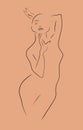 Black line shillouette of seductive woman in elegant pose touching her chin. One hand behind her occiput.