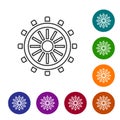 Black line Ship steering wheel icon isolated on white background. Set icons in color circle buttons. Vector Royalty Free Stock Photo