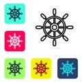 Black line Ship steering wheel icon isolated on white background. Set icons in color square buttons. Vector Royalty Free Stock Photo