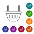 Black line Shopping basket icon isolated on white background. Food store, supermarket. Set icons in color circle buttons Royalty Free Stock Photo