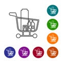 Black line Shopping cart and food icon isolated on white background. Food store, supermarket. Set icons in color circle buttons. Royalty Free Stock Photo