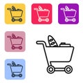 Black line Shopping cart and food icon isolated on white background. Food store, supermarket. Set icons in color square Royalty Free Stock Photo